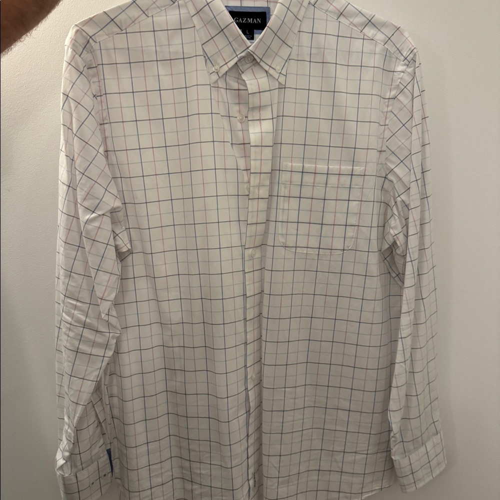 Gazman white with a pink and blue light line pattern, button down collar, Size L